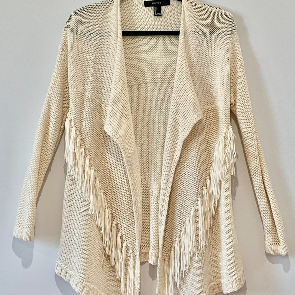 Cream Knit Cardigan w/ Fringe Detail